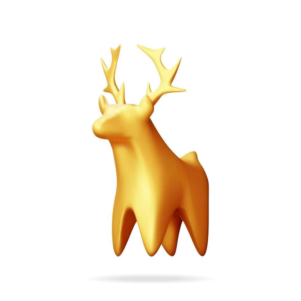 3D Christmas Deer Statue Isolated. Render Gold Deer Figurine. Cute Deer with Antlers. Happy New Year Reindeer Decoration. Merry Christmas Holiday. New Year and Xmas Celebration. Vector Illustration