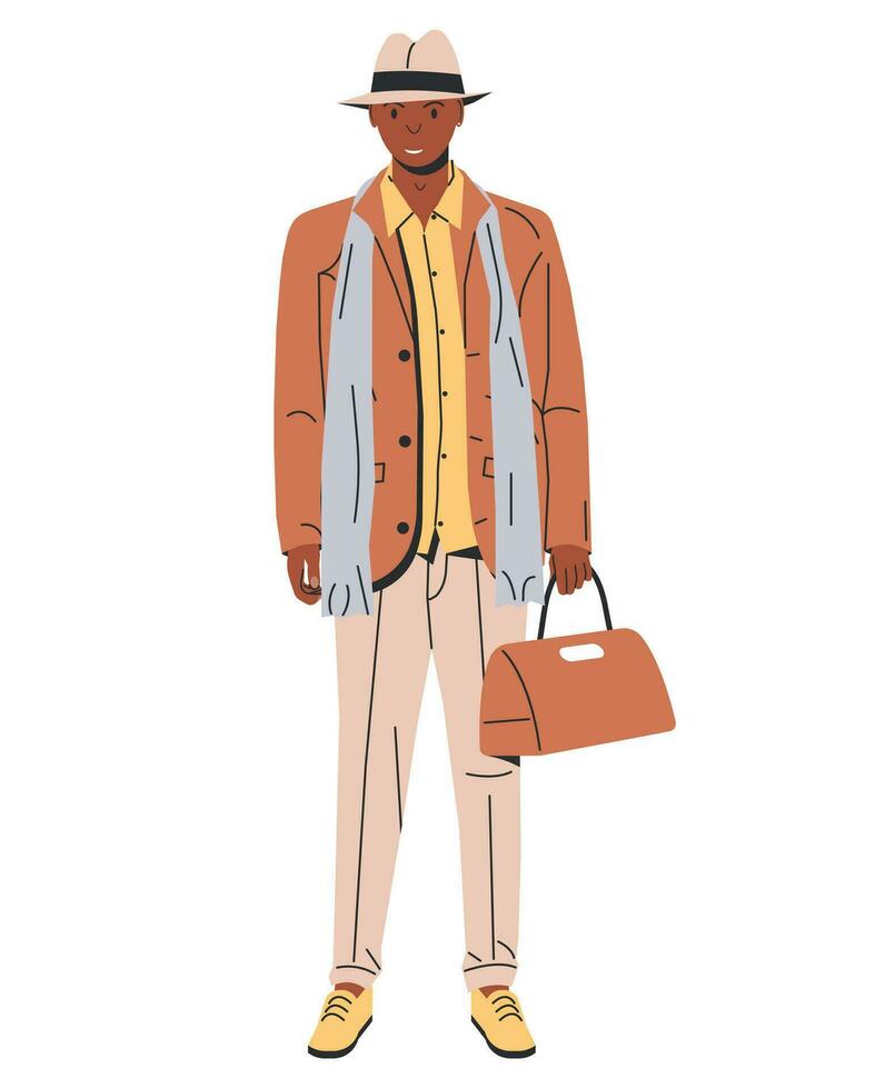 hermoso negro desollado hombre en casual ropa. elegante afro americano hombre. chico con bolsa. empresario vistiendo chaqueta, camisa, pantalones, bufanda, sombrero. elegante personas concepto. dibujos animados plano vector ilustración