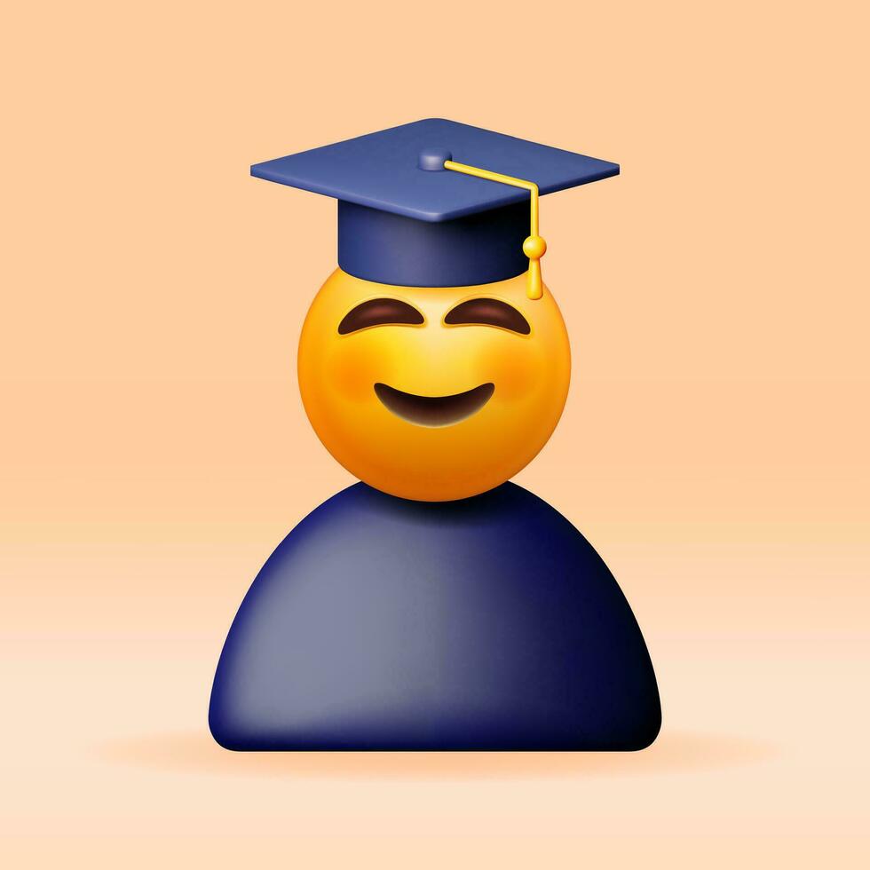 3D Happy Smiling Emoticon in Graduate Cap Isolated. Render Smile Student in Graduation Hat. Mortarboard Hat with Tassel. Education, Degree Ceremony Concept. Vector Illustration
