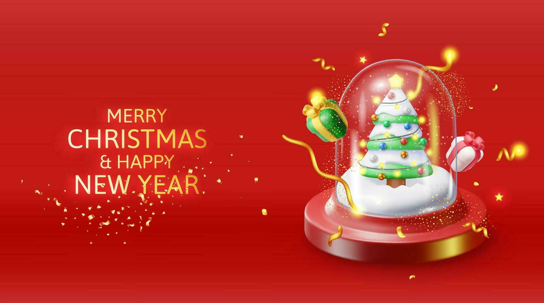 3D Glass Christmas Snow Globe with Tree Isolated. Render Spere Podium with Fir Tree. Happy New Year Decoration. Merry Christmas Holiday. New Year Xmas Celebration. Realistic Vector Illustration