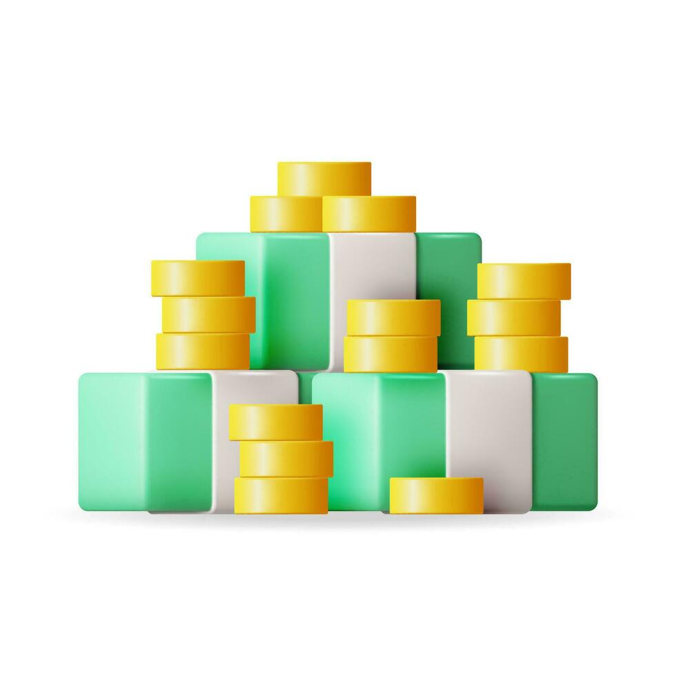 3D Dollar Banknote and Gold Coin Icon Isolated. American Dollar Paper Golden Money Render. Green Money Sign. Growth, Income, Savings, Investment. Symbol of Wealth Business Success. Vector Illustration