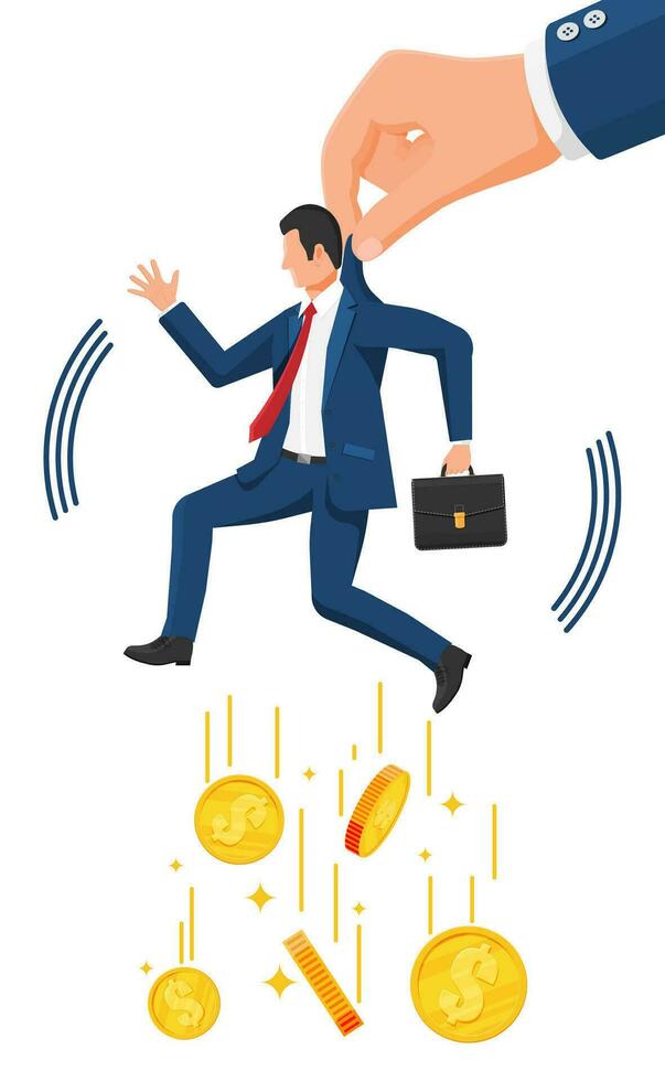 Big Hand Using Businessman for Control. Business Man Marionette is Hanging on Suit. Hand of Puppeteer Holding Men. Puppet Doll Worker, Abuse of Power, Manipulation. Flat Vector Illustration
