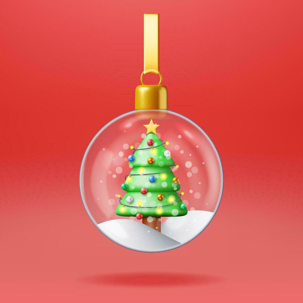 3D Glass Christmas Snow Ball with Tree Isolated. Render Sphere with Fir Tree. Happy New Year Decoration. Merry Christmas Holiday. New Year Xmas Celebration. Realistic Vector Illustration