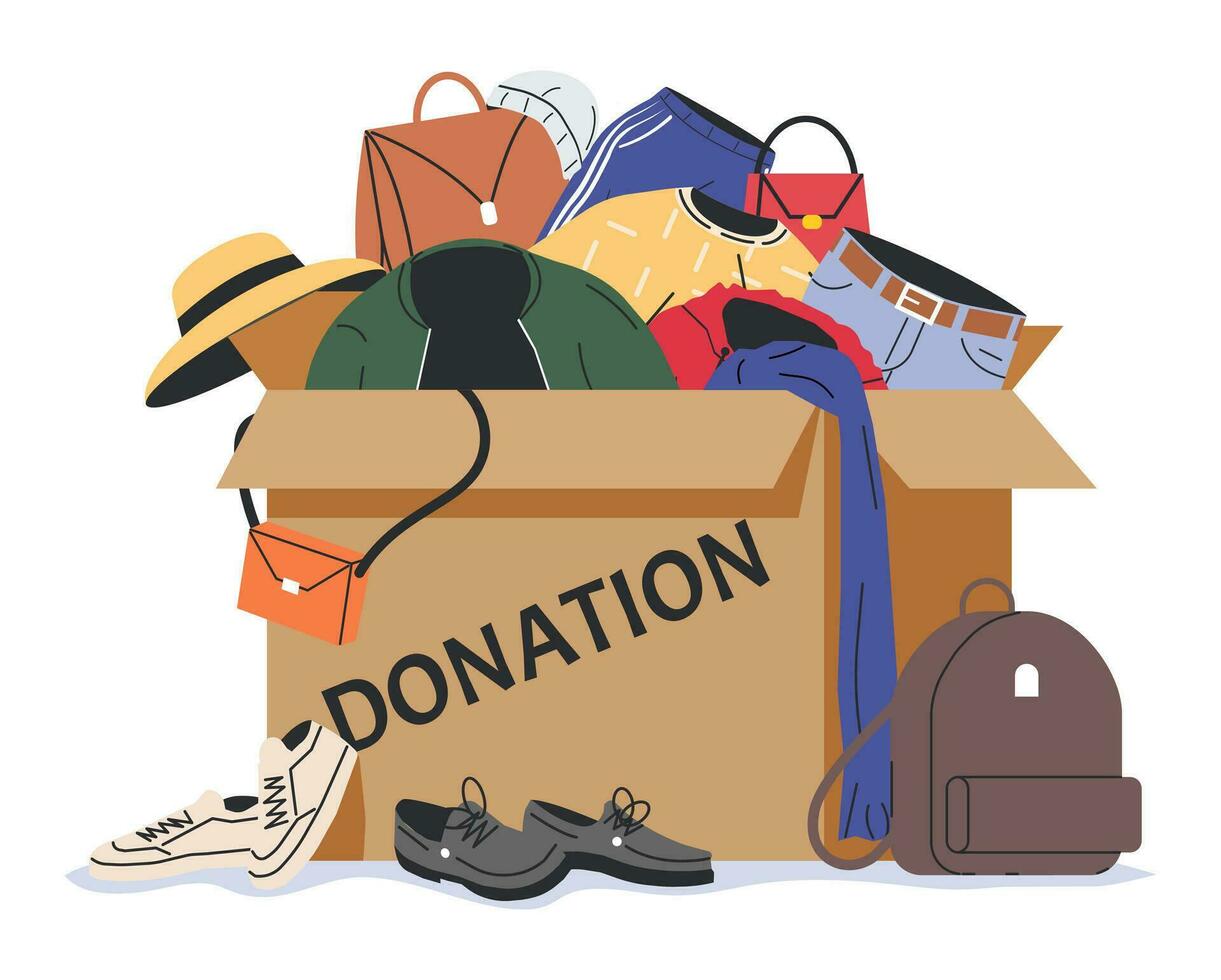 Cardboard Box full of Clothes, Footwear and Accessories. Clothes Donation Concept. Used Clothing in Paper Box. Charity and Donate of Clothing for Poor People. Cartoon Flat Vector Illustration