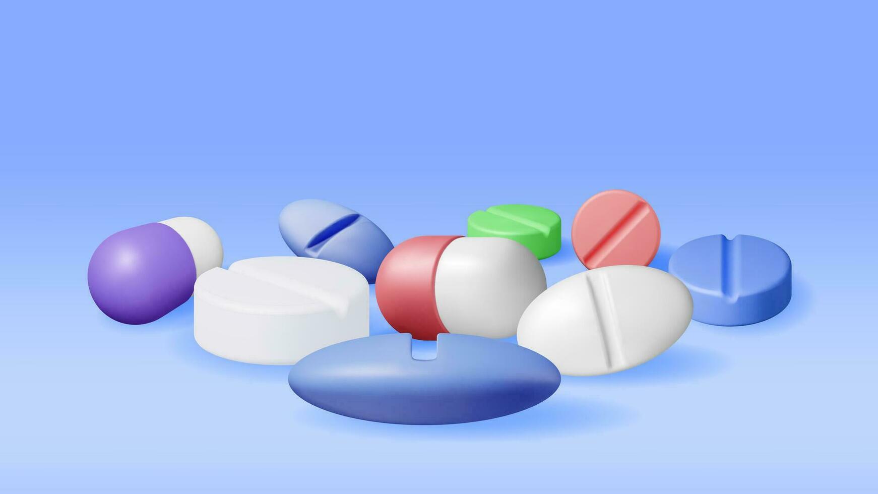 3D Classic Capsule Pill and Tablet Collection. Render Capsule Tablets Set. Pill for Illness and Pain Treatment. Medical Drug, Vitamin, Antibiotic. Healthcare Pharmacy. Vector Illustration