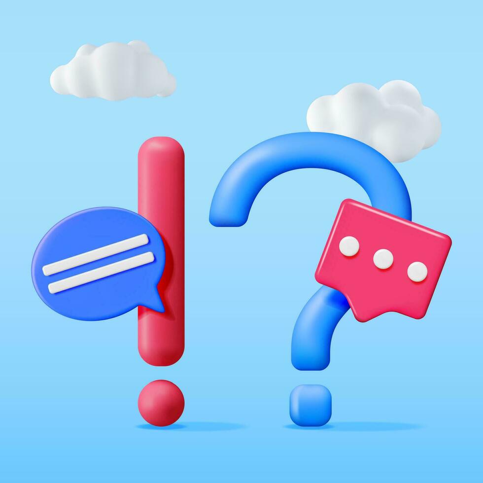 3d Question Exclamation Marks with Chat Bubbles Isolated. Render Questions Exclamations Symbol. Thin Realistic Icon. Concept of FAQ, Support and Help. Problem, Survey, Information. Vector Illustration