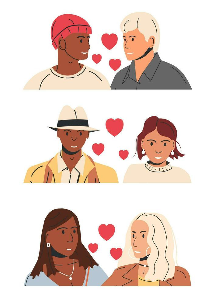 Collection of Different Types of Couples. Set of Various Relationships. Polygyny, Interracial, Gay, Lesbian, Heterosexual People. LGBT Pride, Gender Identity, Love Diversity. Flat Vector Illustration