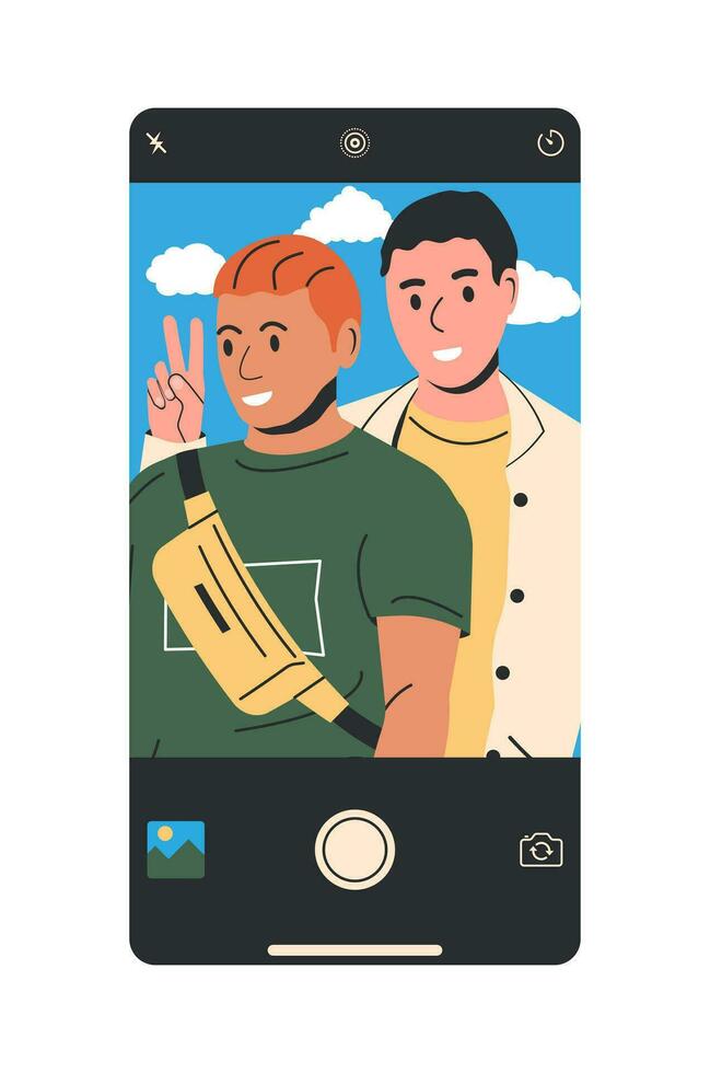 Pareja de elegante hombre tomando selfie juntos. amigos o gay Pareja en de moda casual ropa. chicos utilizando teléfono inteligente a tomar autofoto elegante masculino caracteres. plano vector ilustración