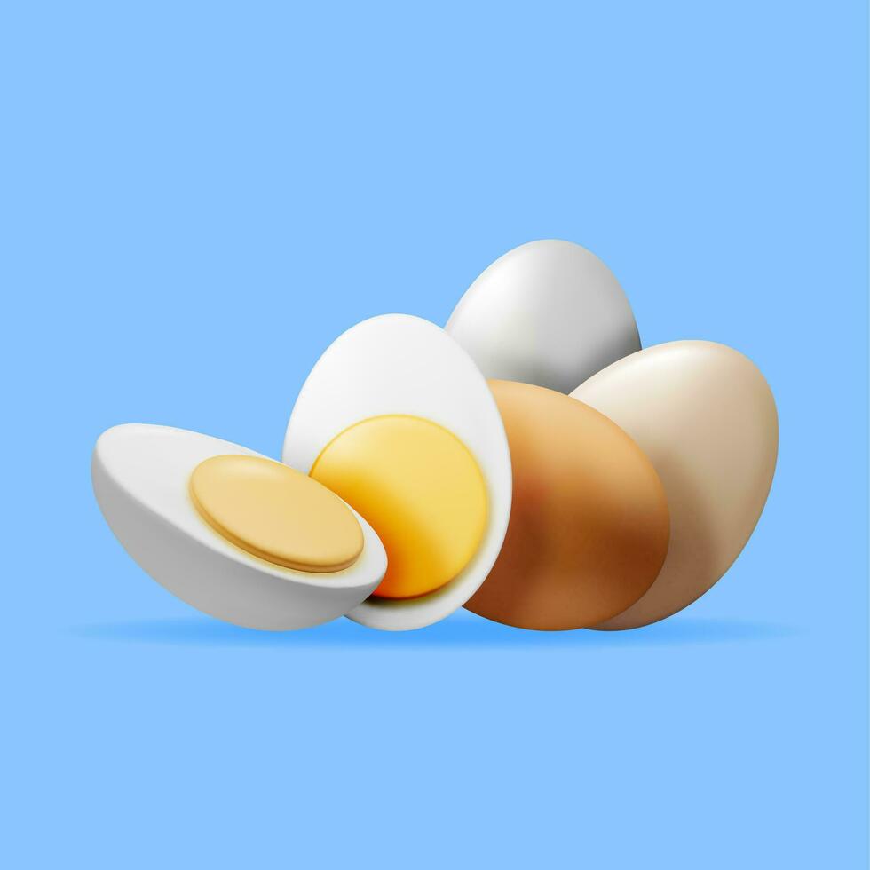 3D Boiled Eggs Cut into Half Isolated. Render Cartoon Egg Icon. Dairy Food and Grocery. Easter Mockup Concept. Realistic Vector illustration.