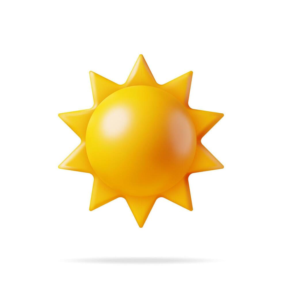 3D Sun Emoji Icon Isolated on White. Render Weather Sun Symbol. Sunlight Emoticon Yellow Cute Sunshine. Weather, Climate Forecast. Concept of Summer Vacations. Illustration Face Vector Design Art.