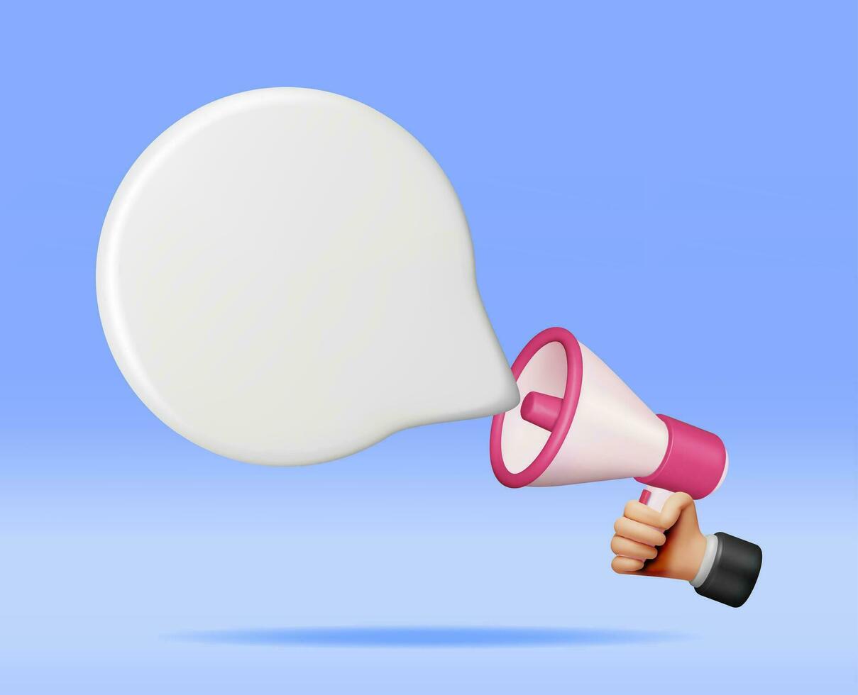 3D Megaphone with Blank Bubble Chat Isolated. Render Plastic Megaphone Realistic. Modern Bullhorn or Loudspeaker. Announcement Message, Marketing, Job, Attention. Vector Illustration