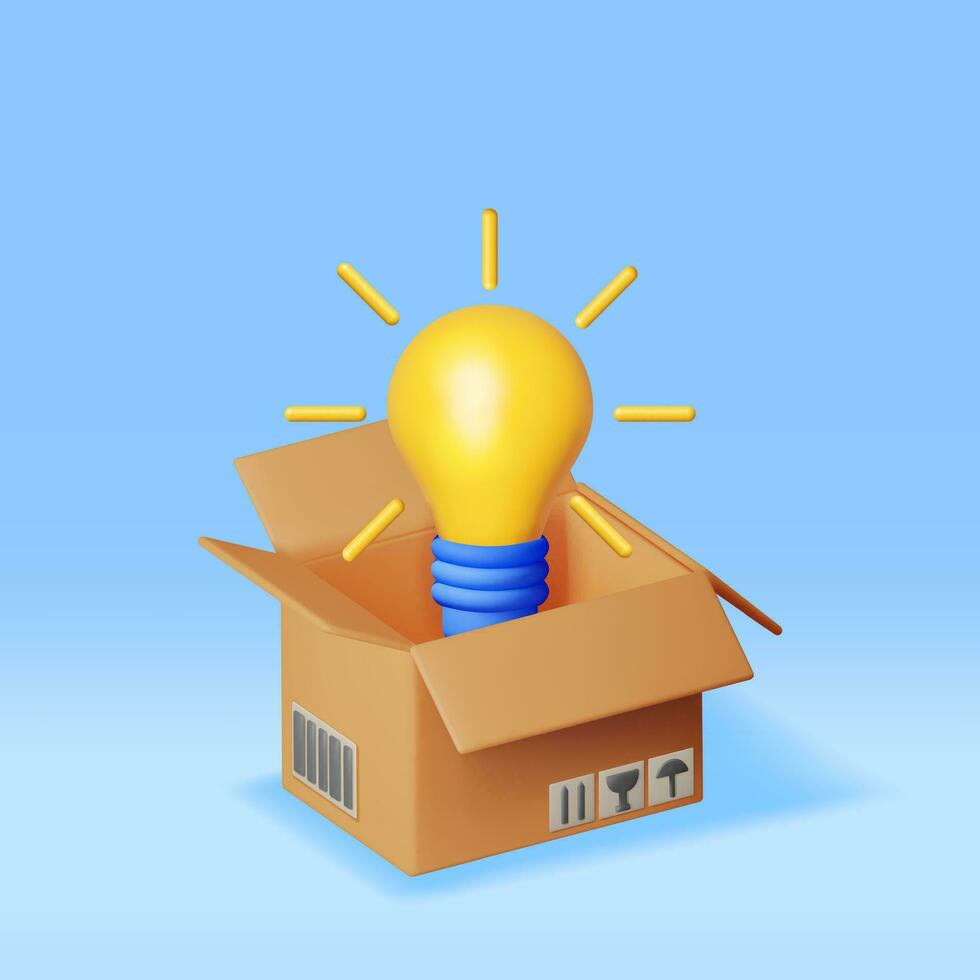 3D Light Idea Bulb Ejected from Cardboard Box Isolated. Render of Startup, Creative Idea, Leadership, Business Success or Inspiration. Glass Bulb with Spiral, Crowdfunding. Vector Illustration