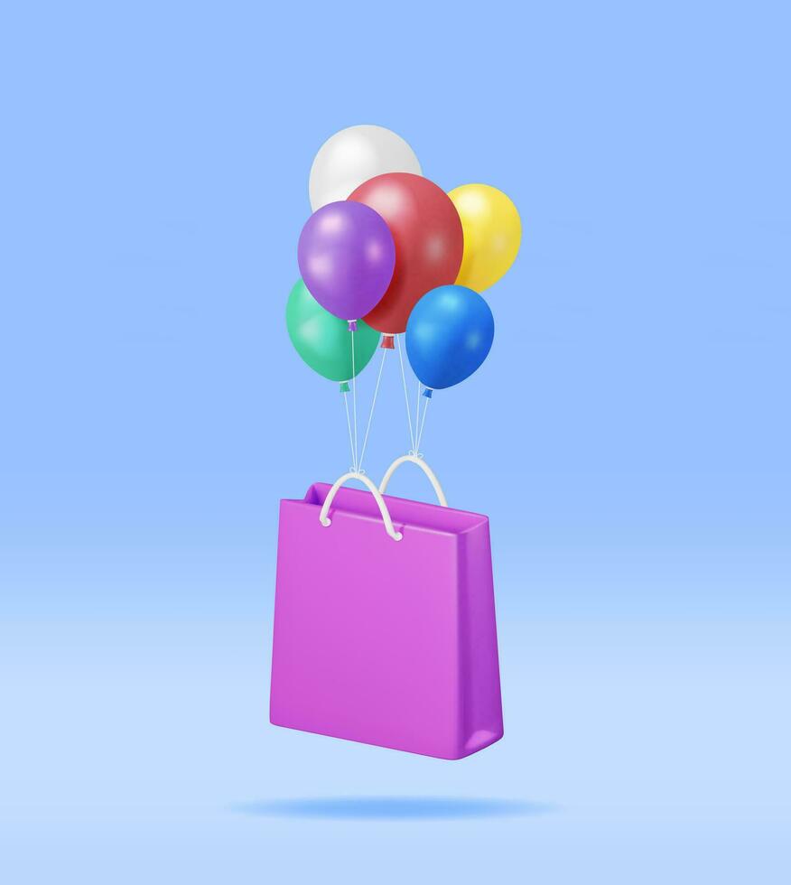 3d compras bolso con globos aislado. hacer realista regalo bolsa. venta, descuento o despeje concepto. en línea o Al por menor compras símbolo. Moda bolso. vector ilustración