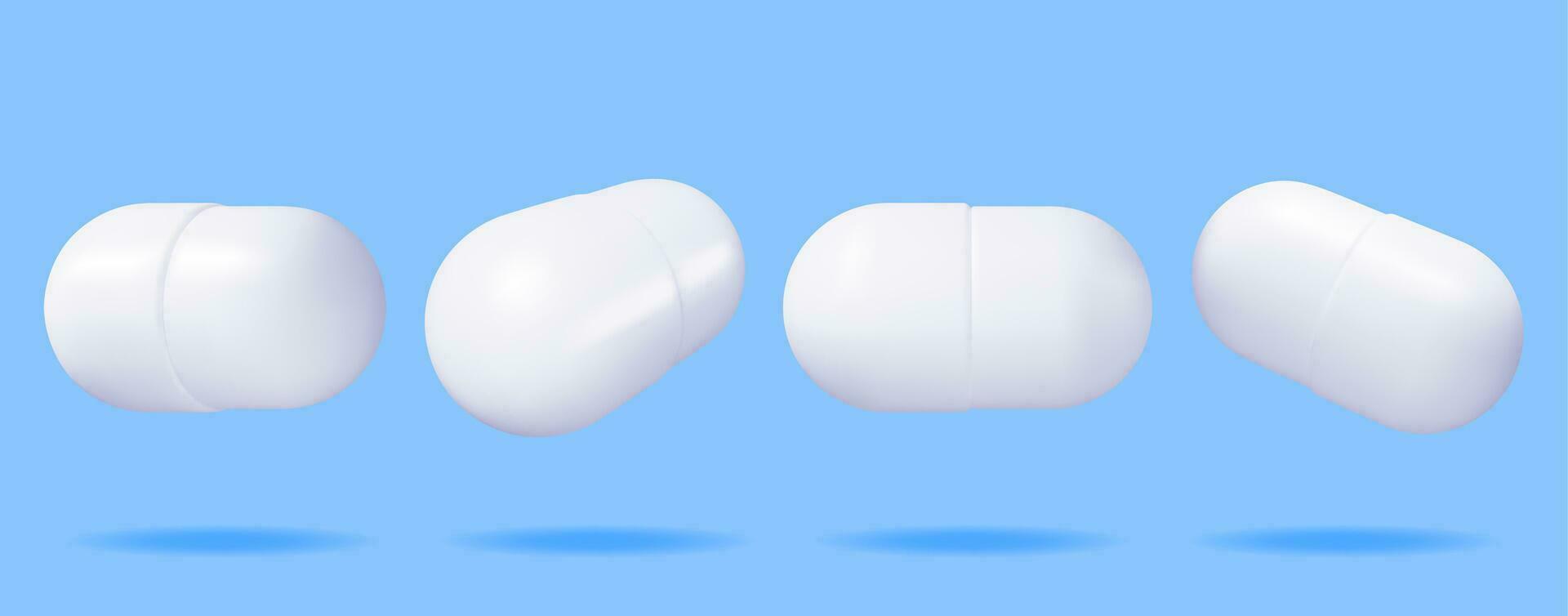 3D Classic Capsule Pills from Different Angles Collection. Render Capsule Tablets Set. Pill for Illness and Pain Treatment. Medical Drug, Vitamin, Antibiotic. Healthcare Pharmacy. Vector Illustration