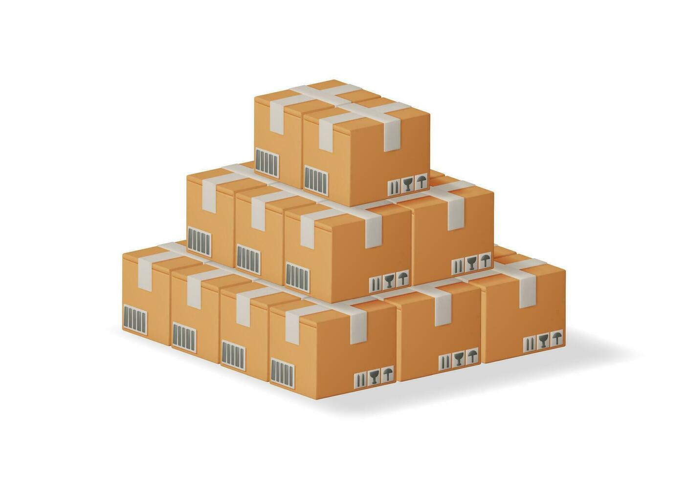 3D Stack of Cardboard Boxes Isolated. Render Heap Post Parcel in Craft Paper. Postal Signs of Fragile. Carton Cargo Delivery Packaging Box. Transportation and Logistics. Vector Illustration