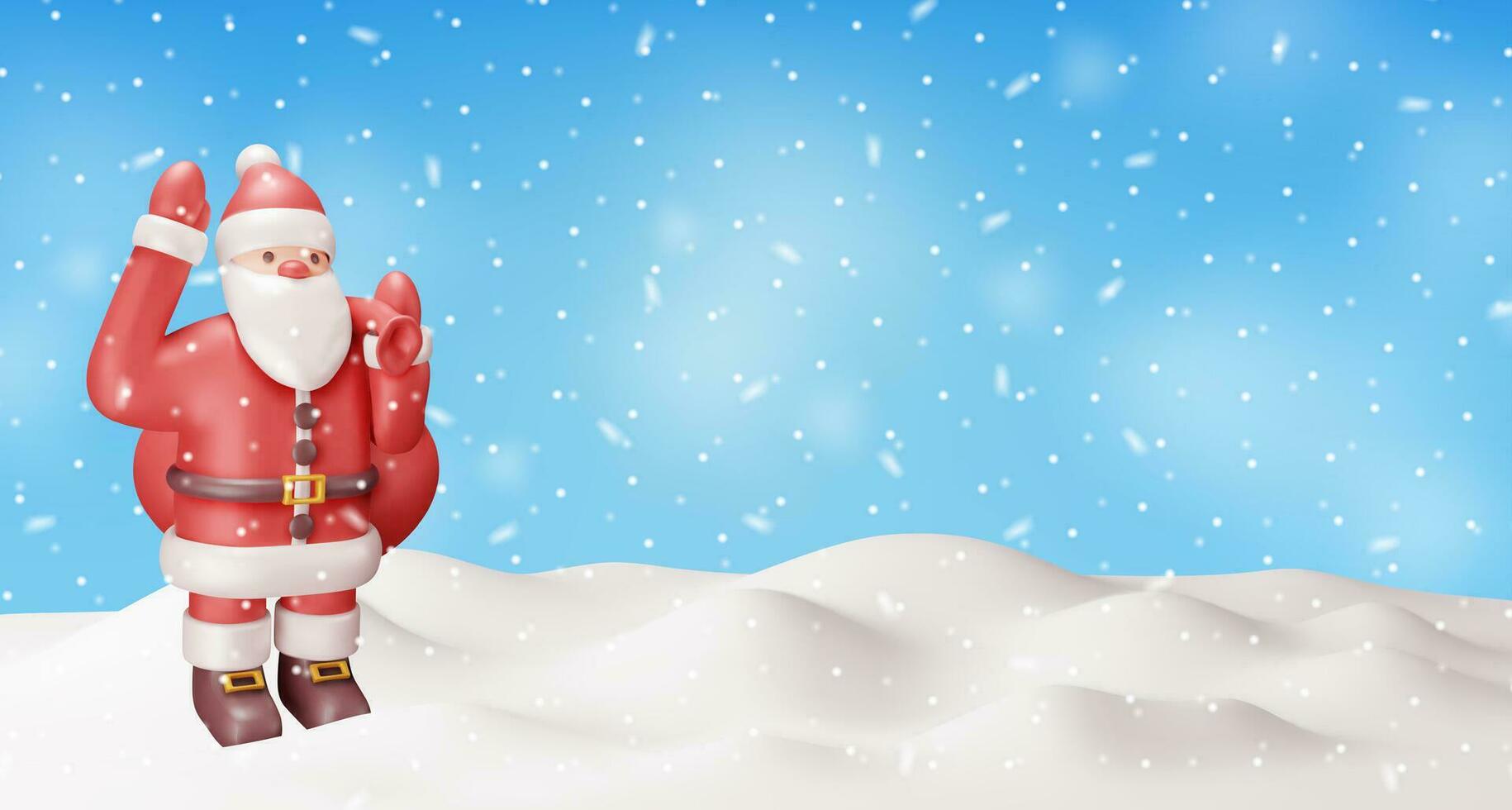 3D Santa Claus Character with Gift Bag in Snow. Render Standing Christmas Santa. Happy New Year Decoration. Merry Christmas Holiday. New Year and Xmas Celebration. Realistic Vector Illustration