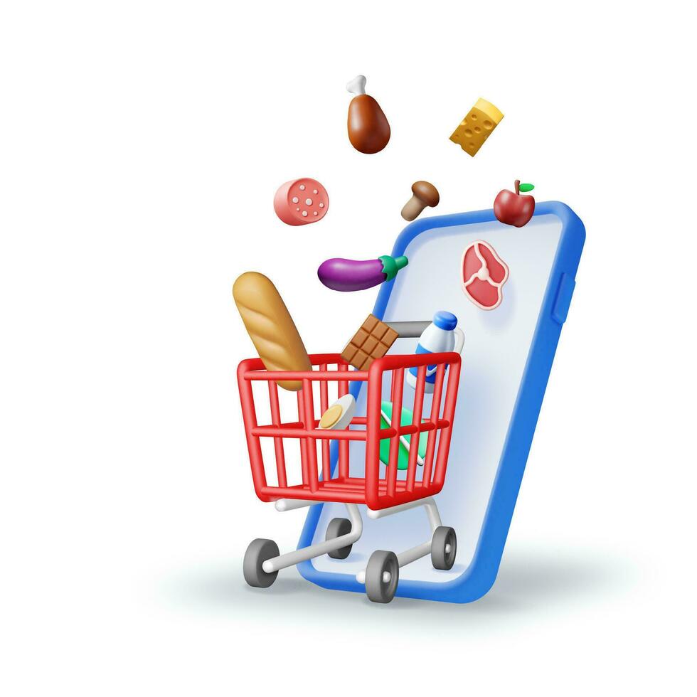 3D Smartphone with Shopping Grocery Cart vector