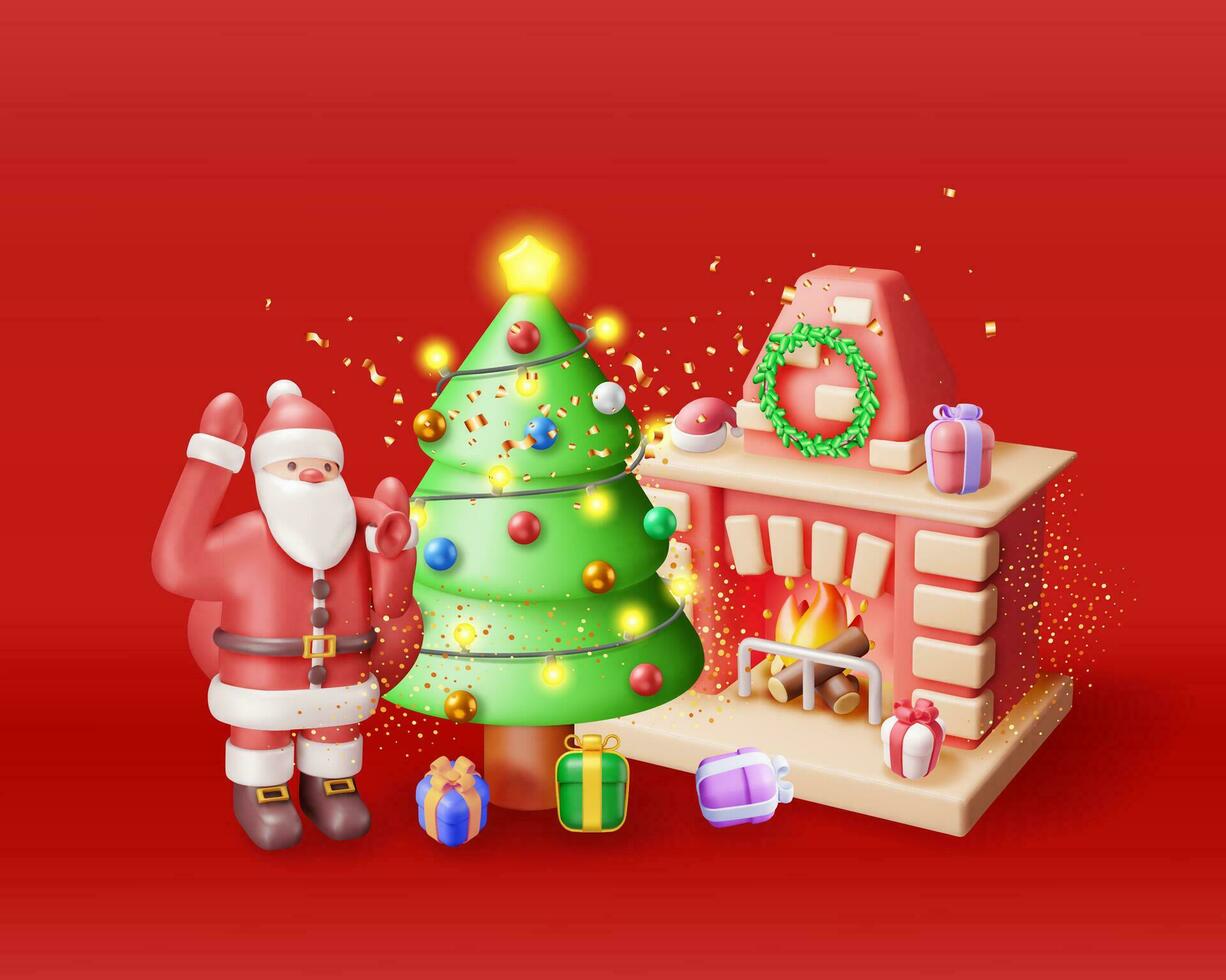 3D Red Brick New Year Fireplace and Santa Claus. Render Christmas Decorated Fireplace with Socks, Tree, Gifts. Happy New Year. Christmas Holiday. New Year and Xmas Celebration. Vector Illustration