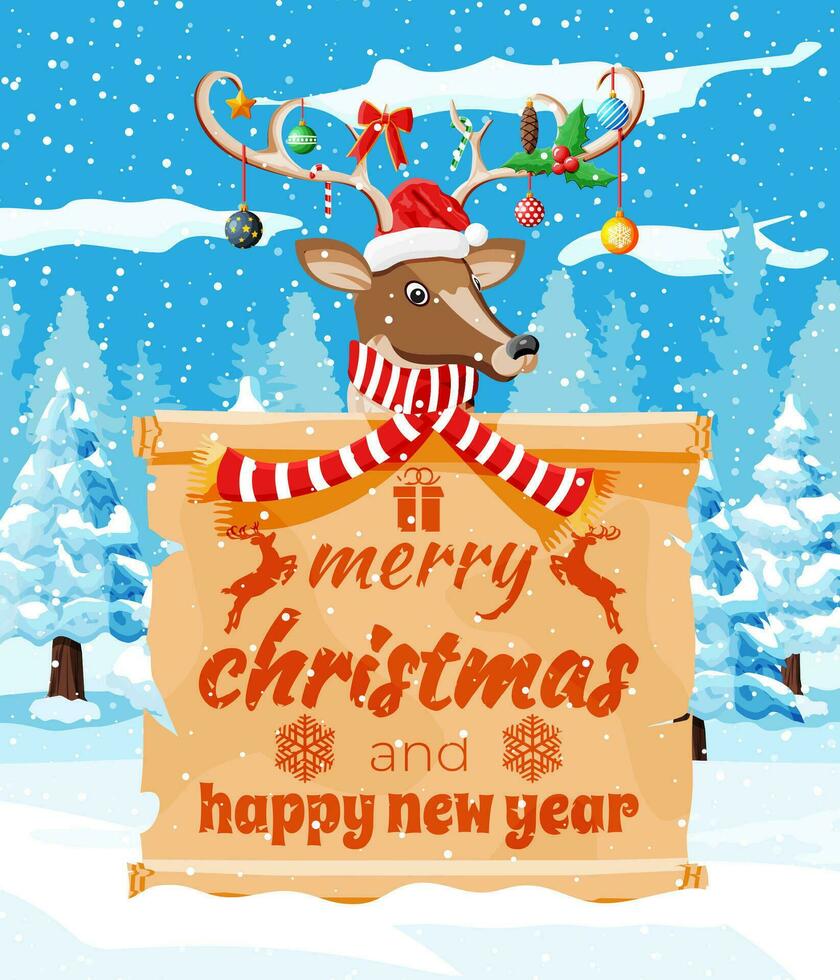 Cute deer with antlers, scarf, holly, bow, baubles. Scroll with place for text. Happy new year decoration. Merry christmas holiday. New year and xmas celebration. Vector illustration in flat style
