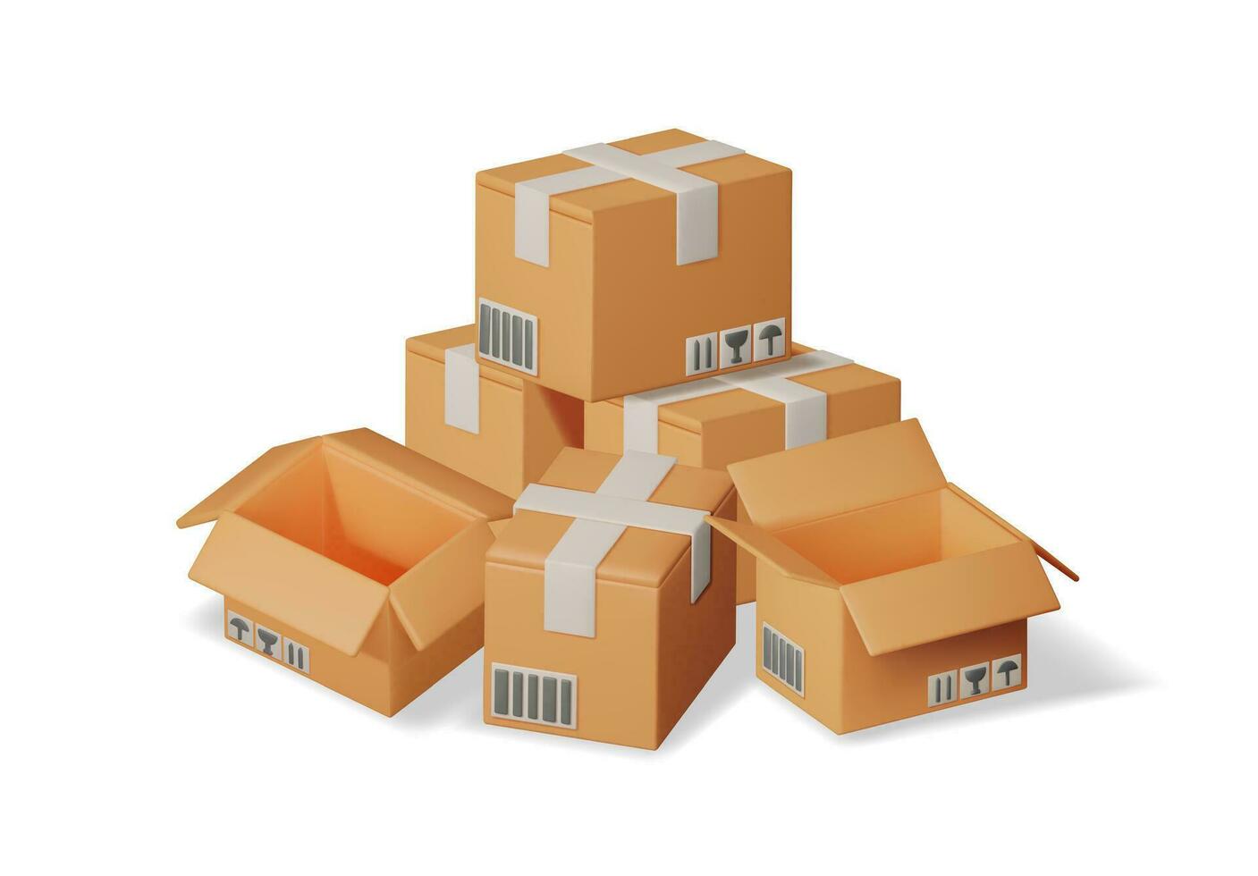 3D Stack of Cardboard Boxes Isolated. Render Heap Post Parcel in Craft Paper. Postal Signs of Fragile. Carton Cargo Delivery Packaging Box. Transportation and Logistics. Vector Illustration