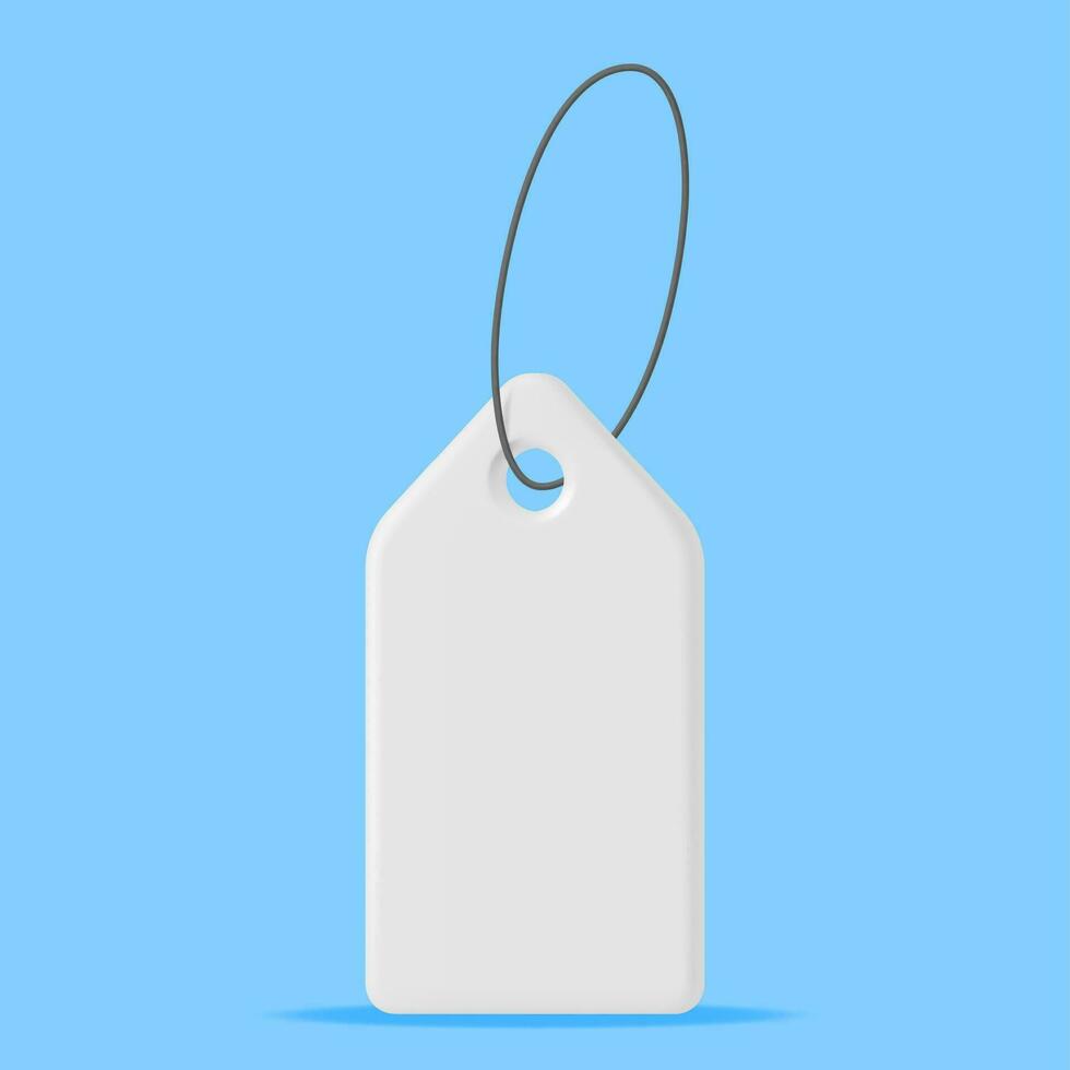 3D White Tag with String Isolated on Blue Background. Render Empty Label. Cardboard Price Tag for Sale. Empty Sticker and Rope. Promo, Sale, Offer or Gift Concept. Vector Illustration