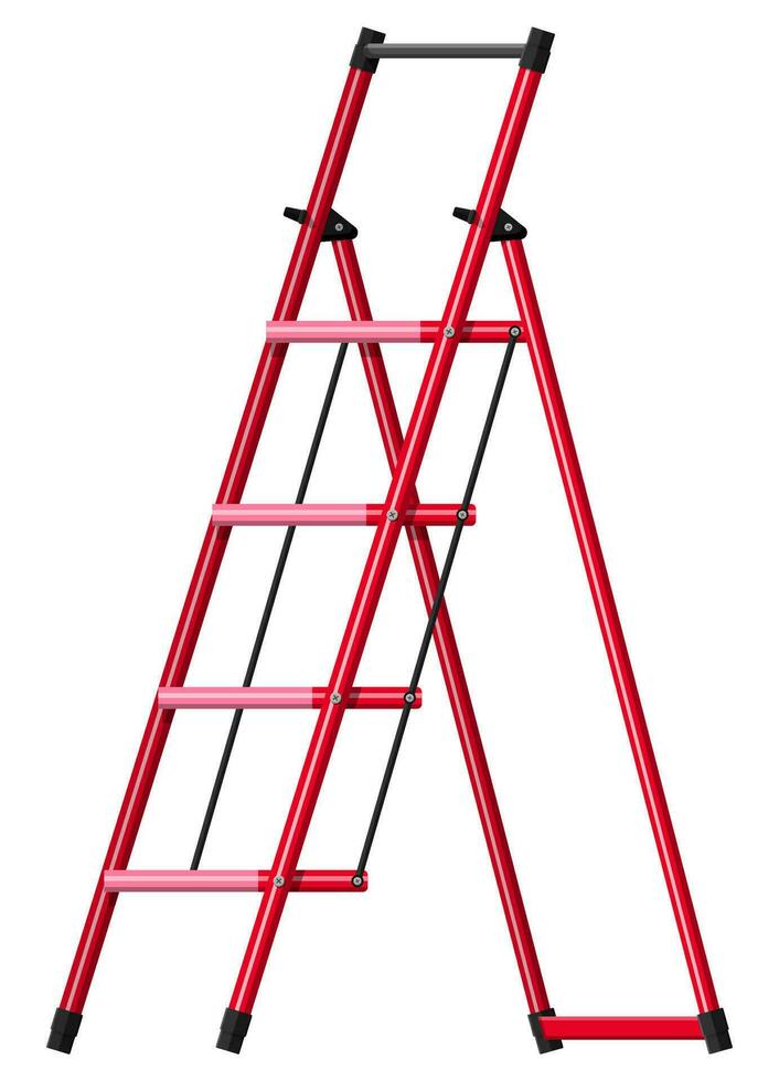 Red aluminum step folding ladder. Hand bar and standing platform stool. Isolated on white background. Stepladder working equipment. Vector illustration in flat style