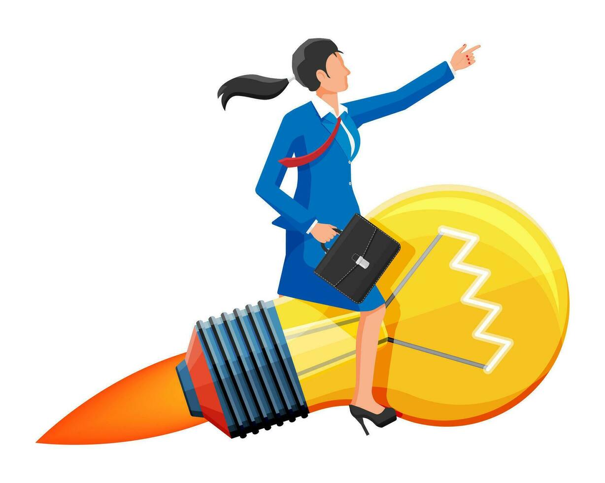 Successful businesswoman sits on flying rocket light bulb. Concept of creative idea or inspiration, business start up. Glass bulb with spiral in flat style. Vector illustration