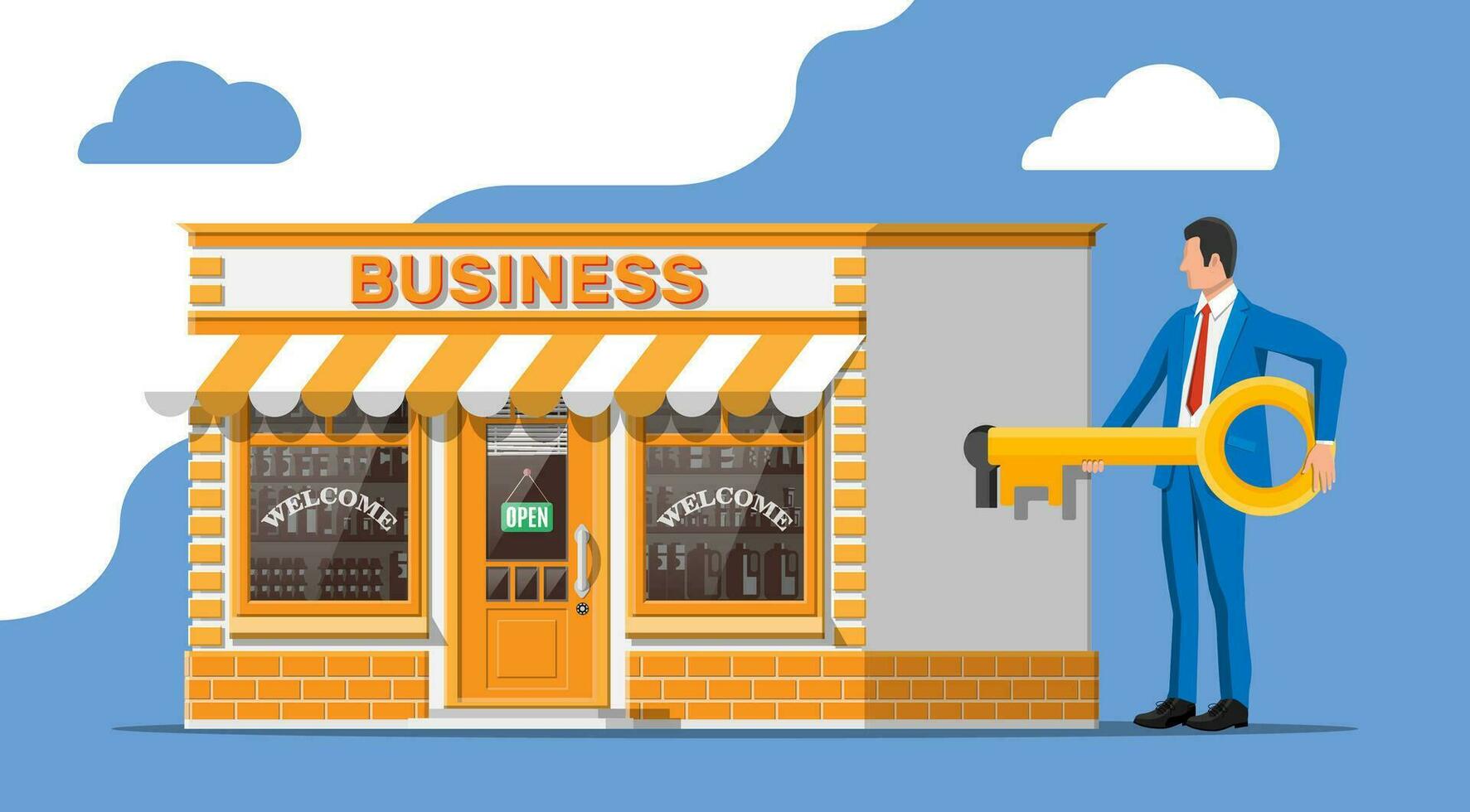 Shop building or commercial property, businessman with key. Real estate business promotional, startup. Selling or buying new business. Small european style shop exterior. Flat vector illustration