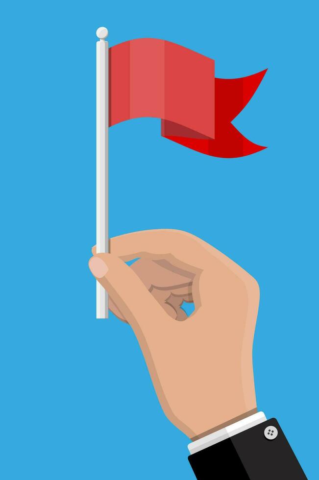 Red flag on metal flagpole in hand. Clean horizontal waving flag. Vector illustration in flat style