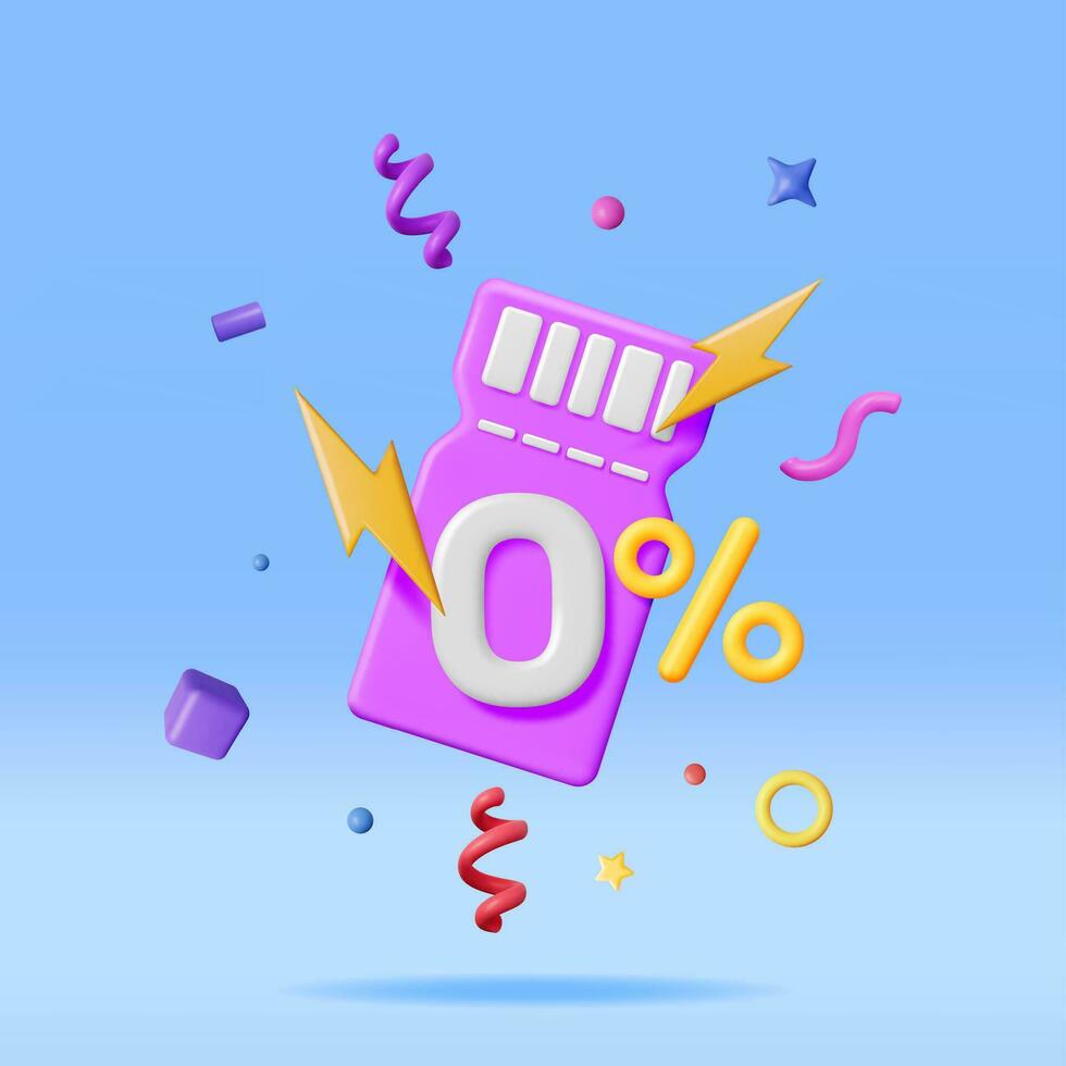 3d Coupon with Percent Symbol and Confetti Isolated. Render Discount Voucher or Coupon. Blank Ticket Shopping Paper. Promotional Offer Confirmation. Bonus Purchase, Gift Concept. Vector Illustration