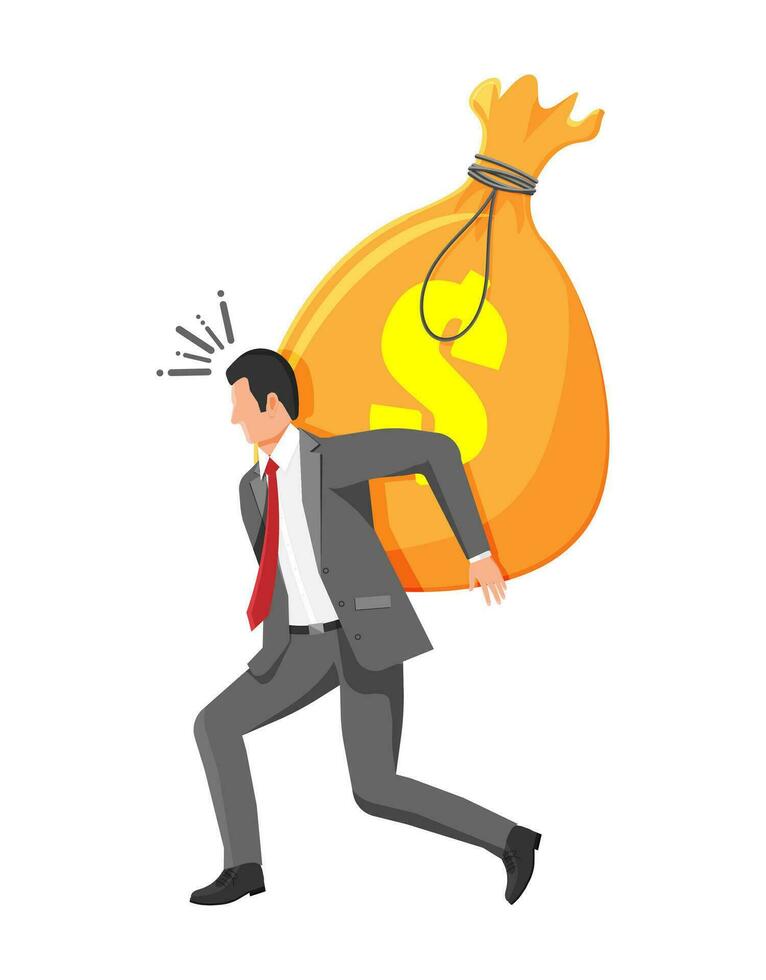 Businessman with Difficulty Carrying on His Back Big Bag of Money with Dollar Sign. Business Man Dragging Heavy Giant Money Sack. Tax, Debt, Fee, Crisis and Bankruptcy. Flat Vector Illustration