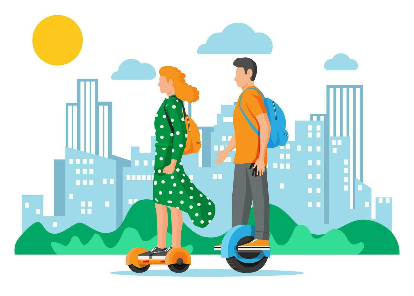 Man on monocycle wheel. Woman with backpack riding electric self balancing hoverboard. Hipster character uses modern urban transport. Ecological city transportation. Flat vector illustration