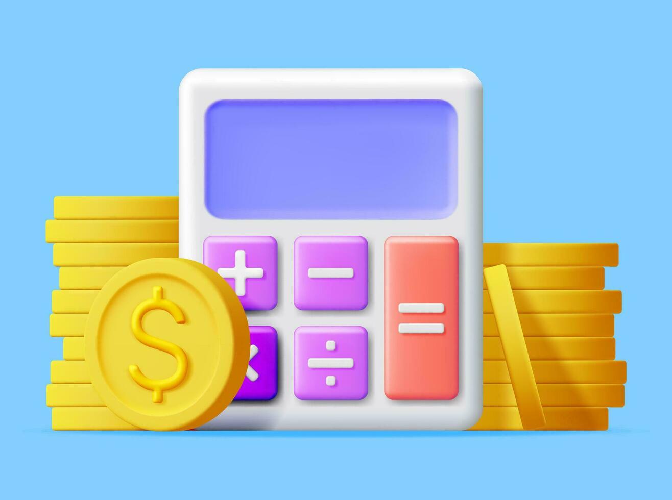 3D Modern Calculator with Golden Coins Isolated. Mathematics Icon. Financial Math Device with Money. Counting Budget and Savings Concept. Cash and Taxes, Financial Management. Vector Illustration