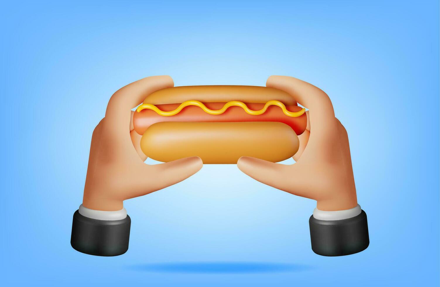 3D Hot Dog with Mustard in Hand Isolated on White. Render Hotdog Icon. Sausage with Bun and Mustard. Fast Food Concept. Fat, Unhealthy Food. Cartoon Vector Illustration
