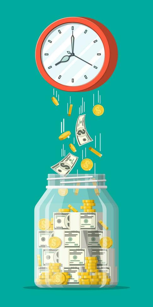 Glass money jar, gold coins banknotes falling from clocks. Saving dollar coin in moneybox. Growth income, savings, investment. Banking, time is money. Wealth business success. Flat vector illustration