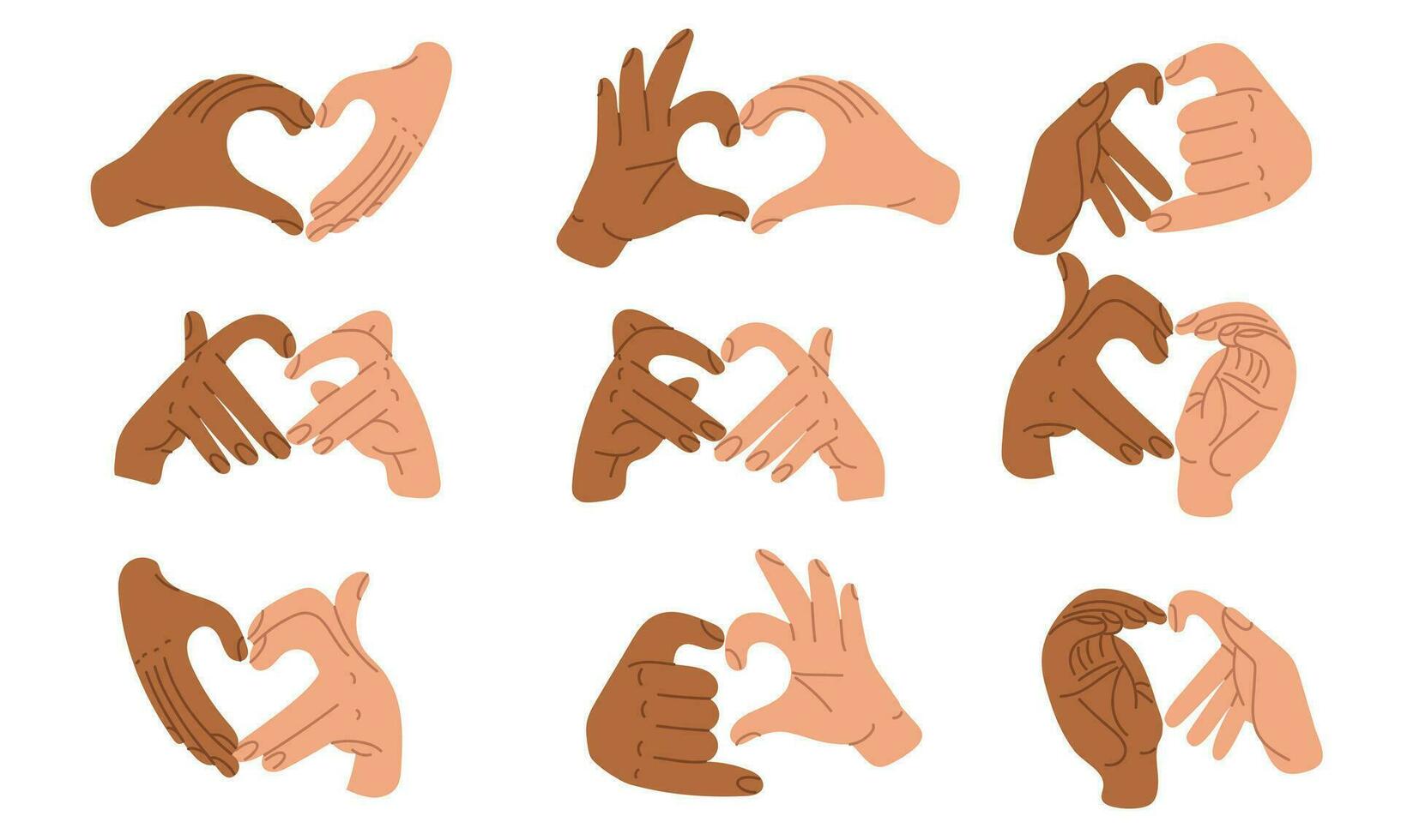 Set with the heart sign I love you, Valentine's Day images and expressions of love for you, a gesture with a message of love, heart shapes with both hands Variety of hands. Halves with different hands vector