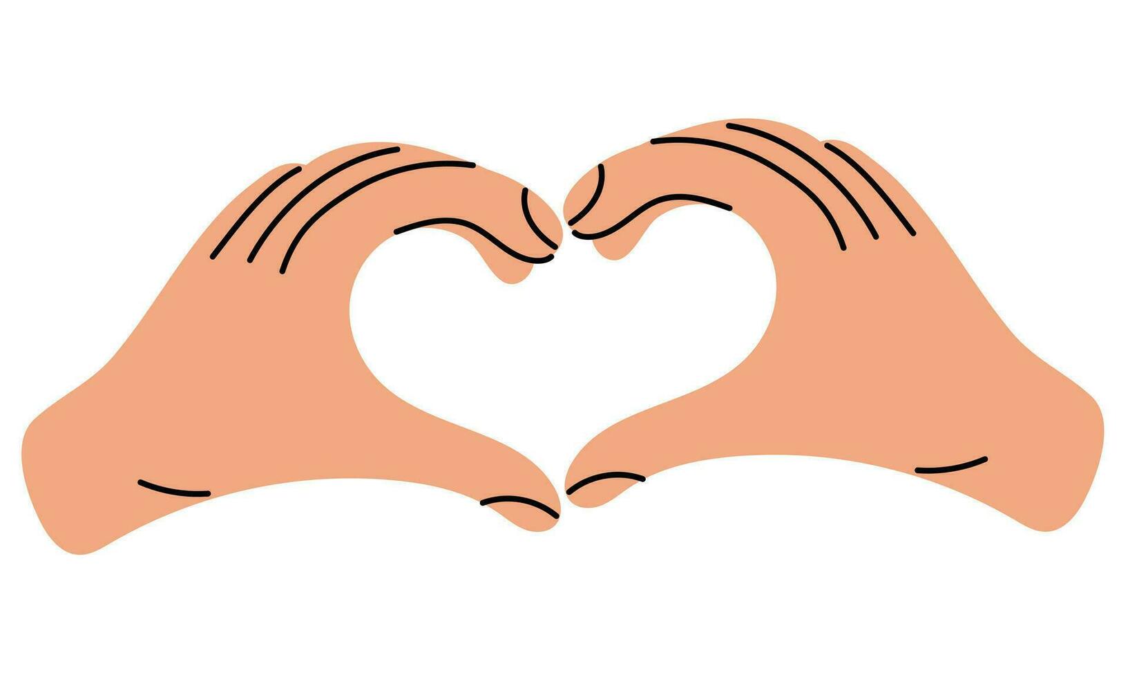 Hands shows a heart-shaped gesture, an artistic illustration of a hand drawing line. Modern graphic design highlighted on a white background. The concept of human body language denoting love. Vector