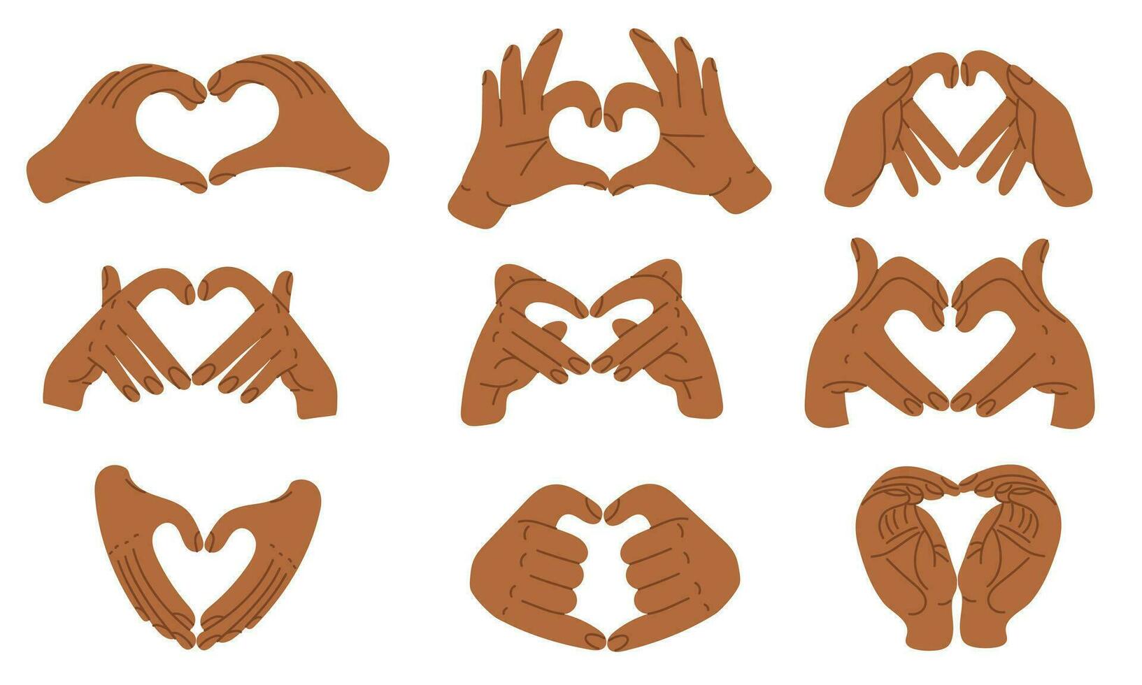 A set of light hands with a heart sign, the designation I love you. Images for Valentine's Day, heart shapes with one hand. Lots of hearts in dark shades, mulatto. One person shows love for others vector