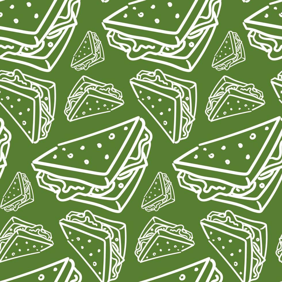 Vector seamless pattern with hand-drawn white linear sandwiches on green. Food design elements, ideal for any business related to the food industry. Printing on textiles and paper. packaging products