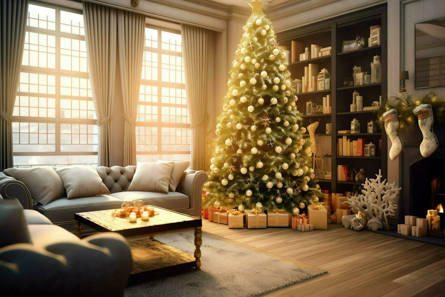 Cosy living room with beautiful christmas tree and red gifts in modern interior. Interior of living room decorated for merry christmas with socks, gift boxes and christmas accessories by AI Generated photo