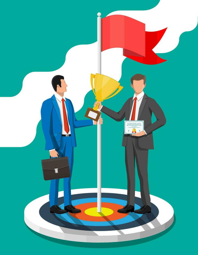 Businessmans in suit with briefcase and trophy standing with red flag on target. Symbol of victory, successful mission, goal and achievement. Business success. Flat vector illustration