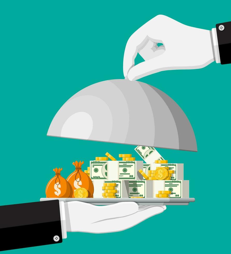 Stack of gold coins in tray in hand. Golden coin and banknotes with dollar sign. Growth, income, savings, investment. Symbol of wealth. Business success. Flat style vector illustration.