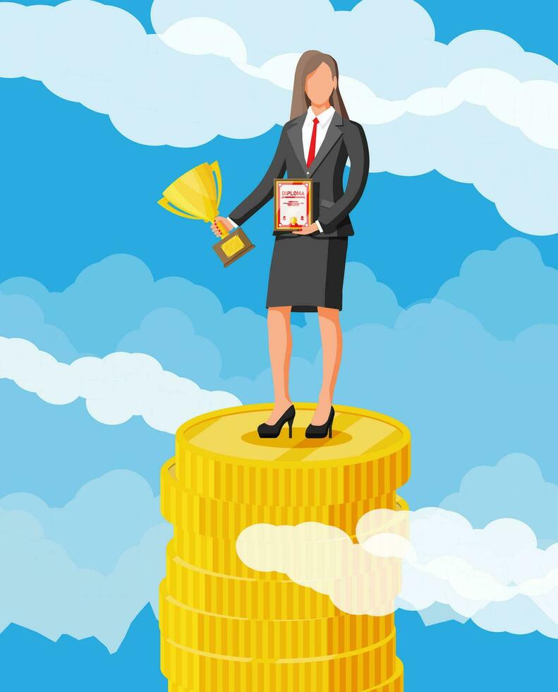 Businesswoman holding trophy, showing award certificate celebrates victory. Stacks of golden coins. Business success triumph goal achievement. Winning of competition. Flat vector illustration