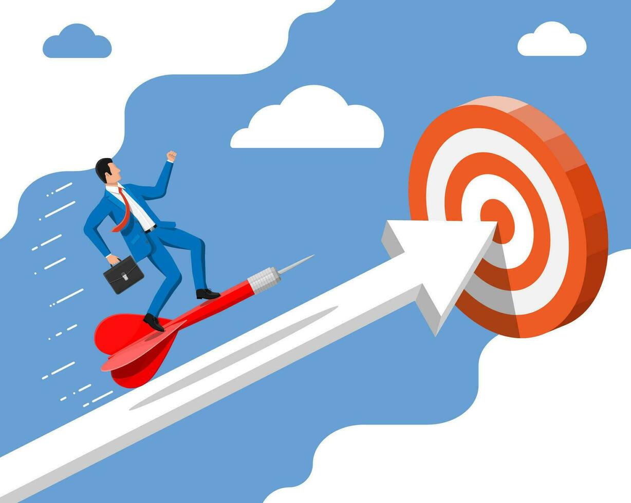 Businessman aim arrow to target. Goal setting. Smart goal. Business target. Achievement and success. Concept of success career growth. Achievement and goal. Flat vector illustration