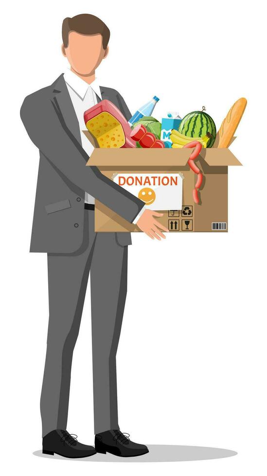 Man holding cardboard box full of food. Needed items for donation. Water, bread, meat, milk, fruits and vegetables products. Food drive bank, charity, thanksgiving concept. Flat vector illustration