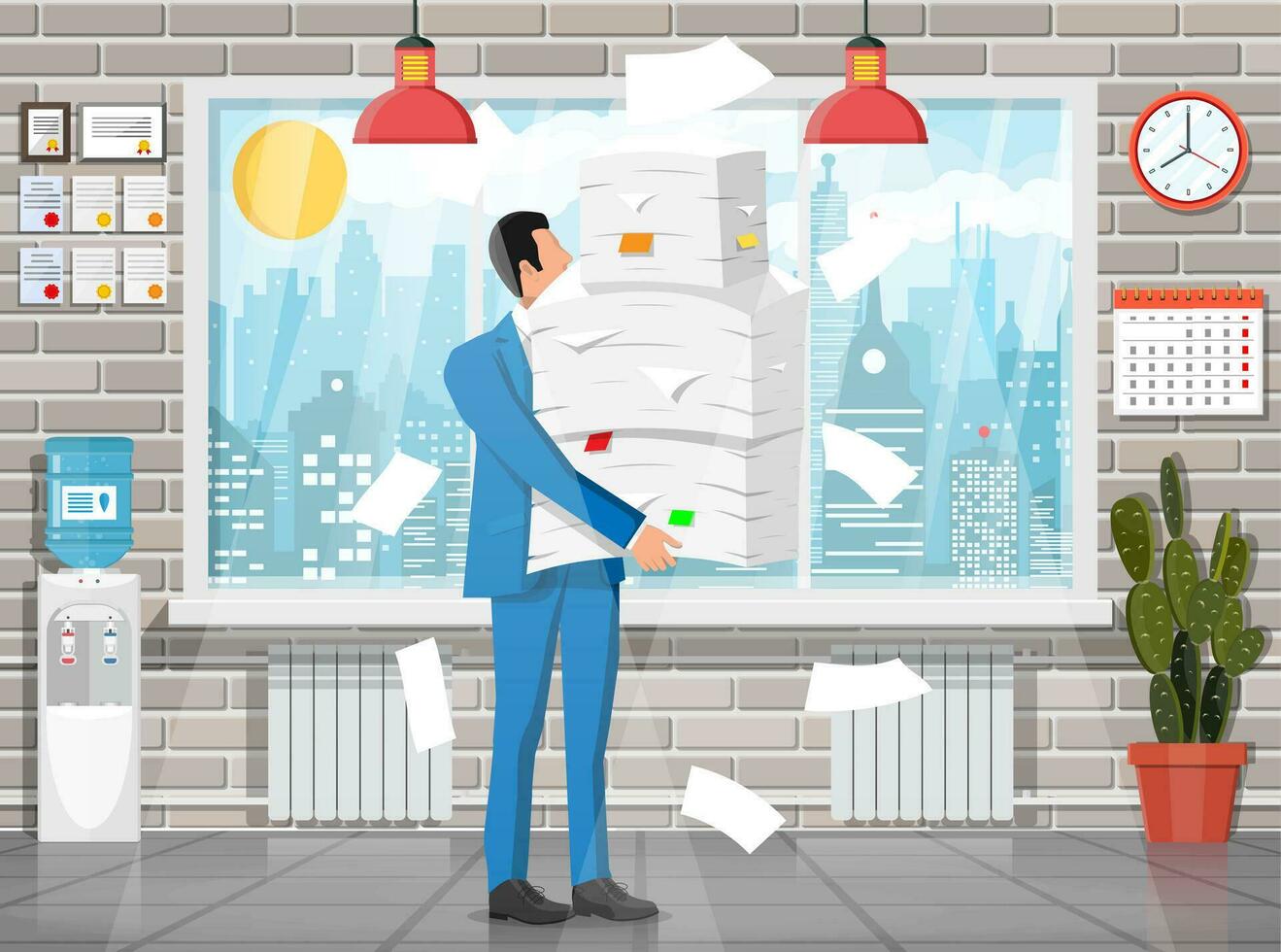 Stressed businessman under pile of office papers and documents. Office building interior. Office documents heap. Routine, bureaucracy, big data, paperwork, office. Vector illustration in flat style
