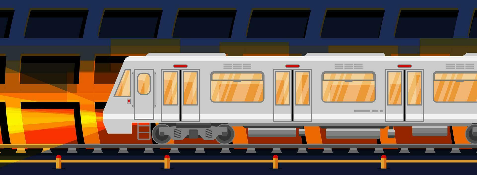 Detailed Underground Train Car in Tunnel. Subway Railway Car with Lights. Modern Urban Metro. Passenger Express Railway. Railroad Public Transportation. Rapid Transport. Flat Vector Illustration