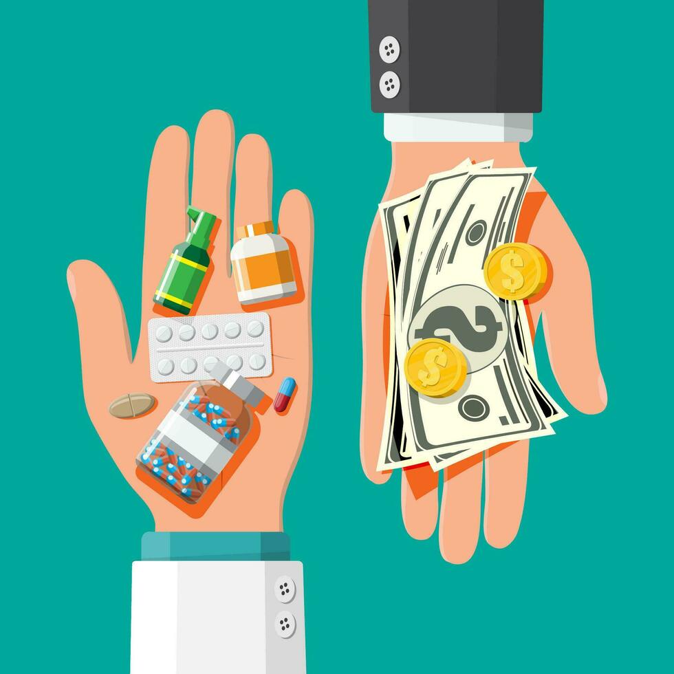 Hand with pile of money and bottles of drugs and pills. Health insurance and healthcare. Buying and selling drugs. Pharmacy shop. Vector illustration in flat style