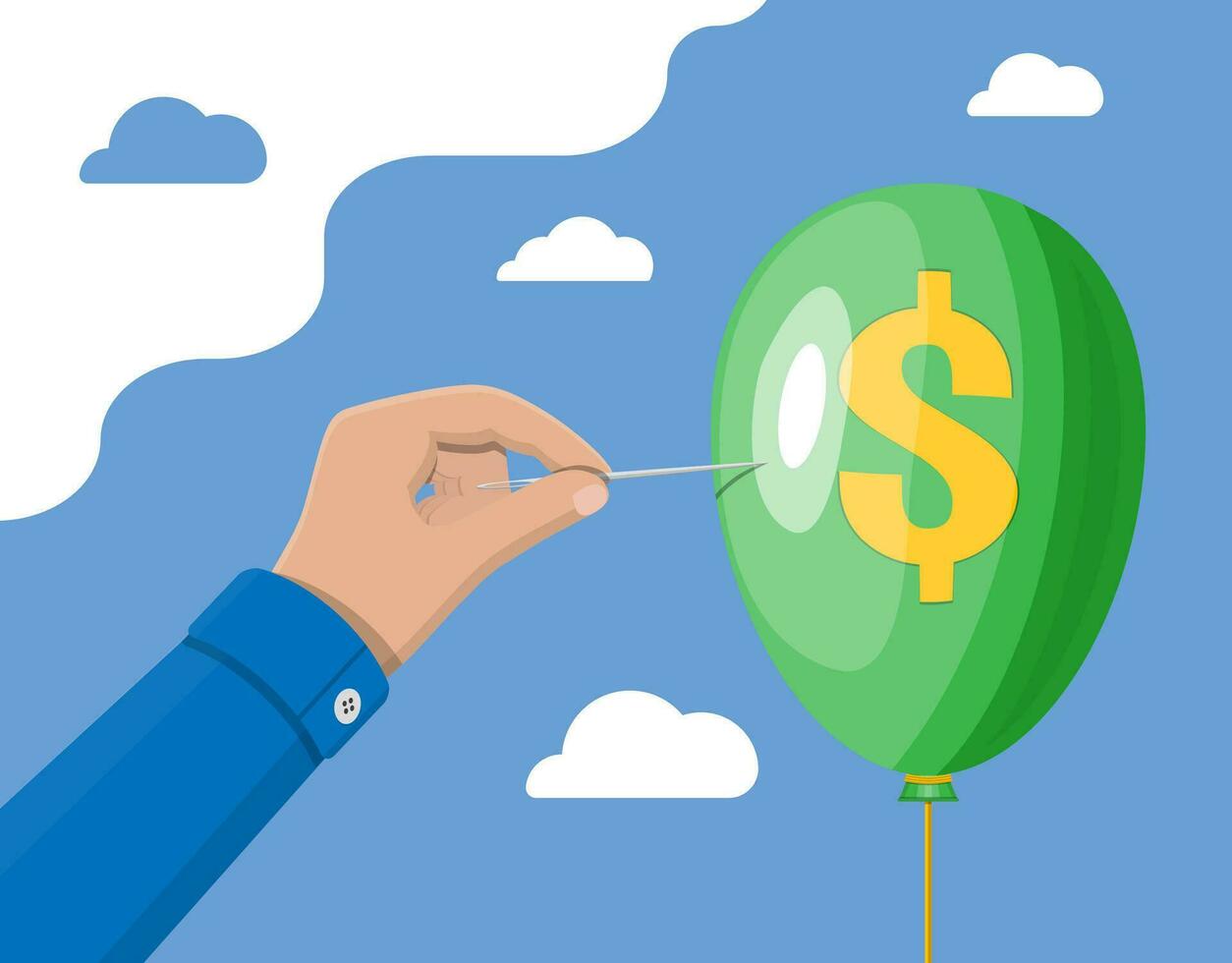 Hand with needle pierces the balloon with dollar sign. Concept of economy problem or financial crisis, recession, inflation, bankruptcy, income lost, loss of capital. Vector illustration flat style