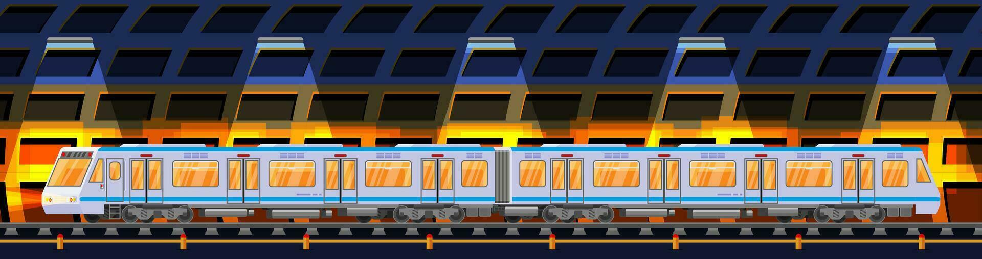 Detailed Underground Train Car in Tunnel. Subway Railway Car with Lights. Modern Urban Metro. Passenger Express Railway. Railroad Public Transportation. Rapid Transport. Flat Vector Illustration